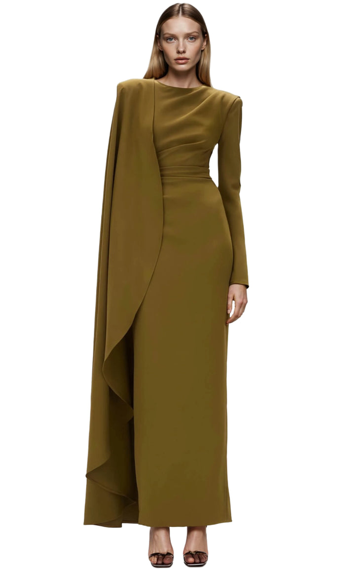 Asymmetric Draped Olive Gold Gown