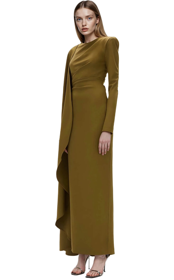 Asymmetric Draped Olive Gold Gown