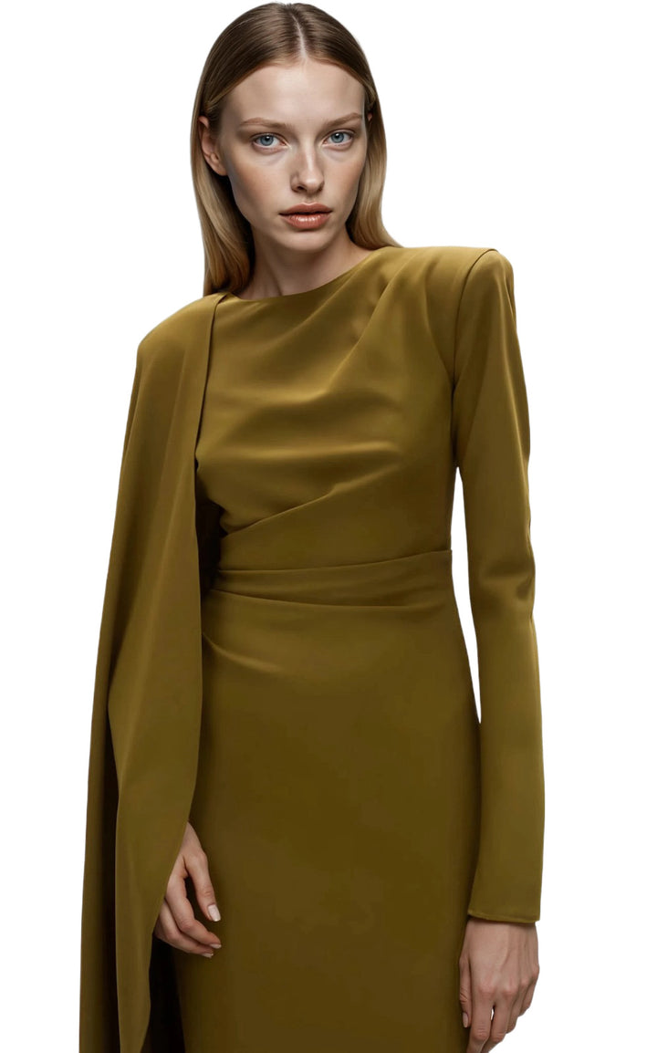 Asymmetric Draped Olive Gold Gown