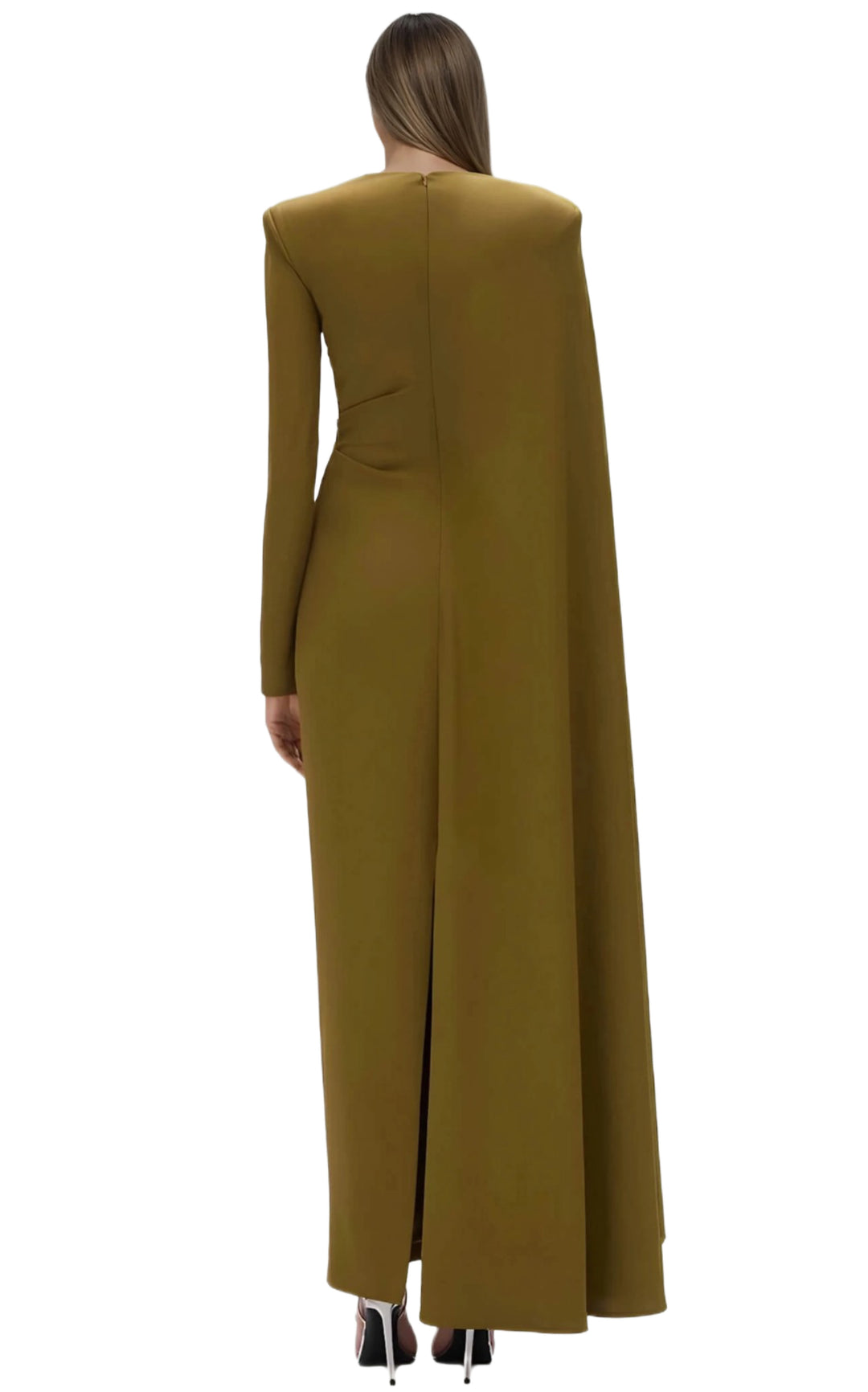 Asymmetric Draped Olive Gold Gown