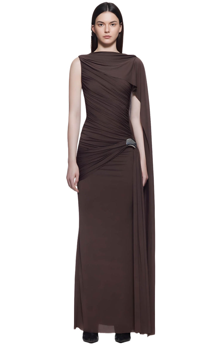 Cocoa Veil Draped Gown